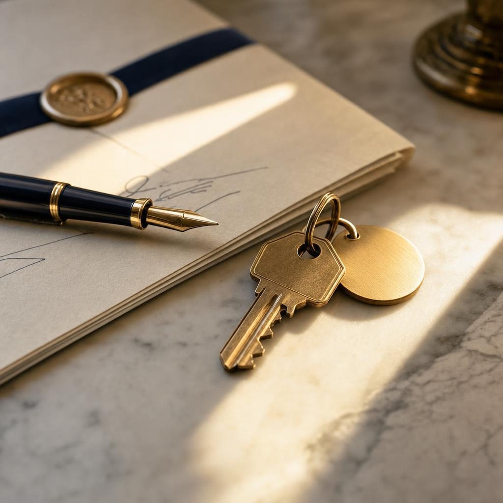 Keys and signed closing papers on a marble table