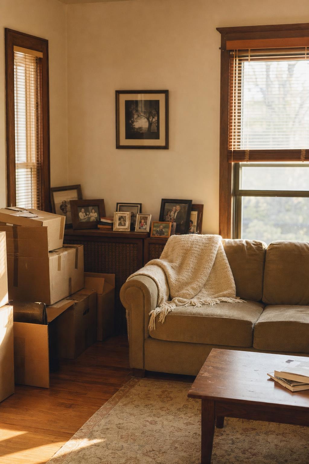 A lived-in family living room with moving boxes, exactly the kind of home we buy